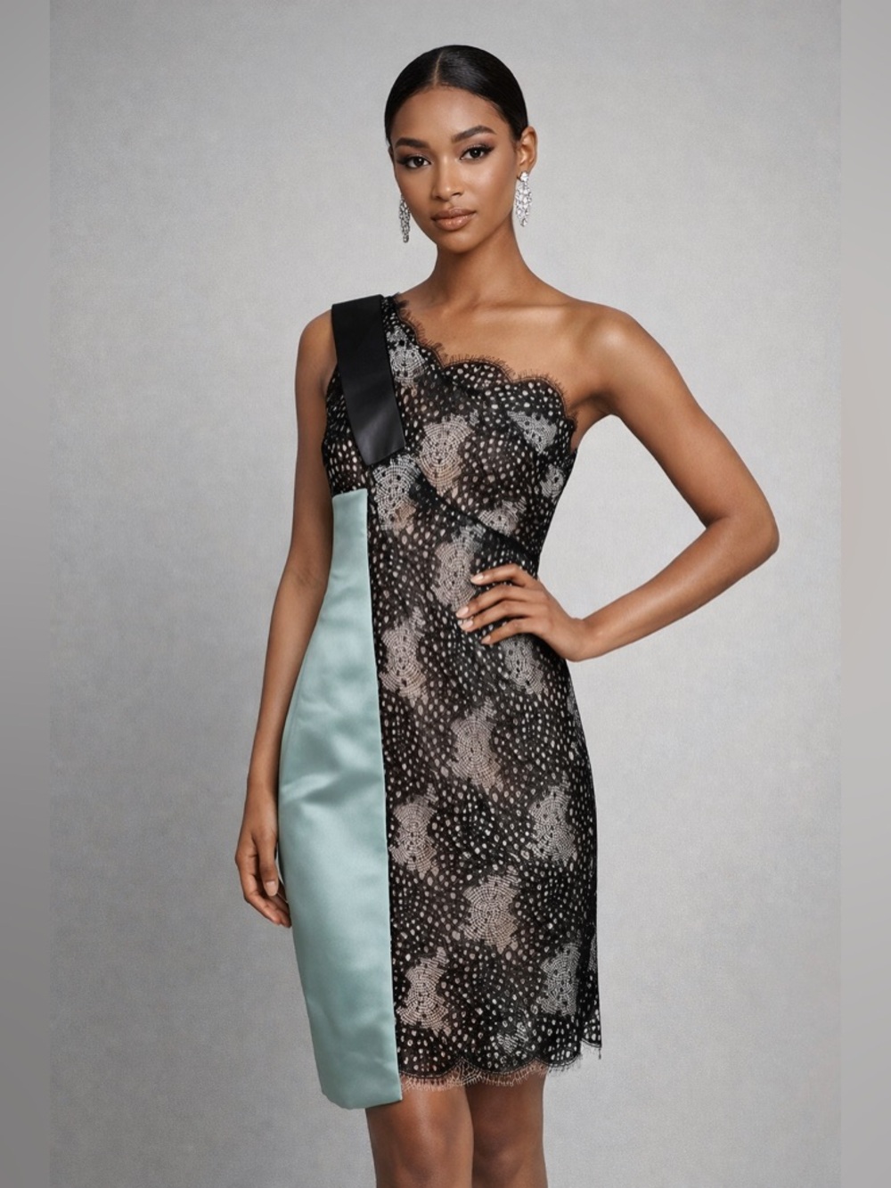 Roland Mouret One-Shoulder Lace Cocktail Dress Black Teal Designer